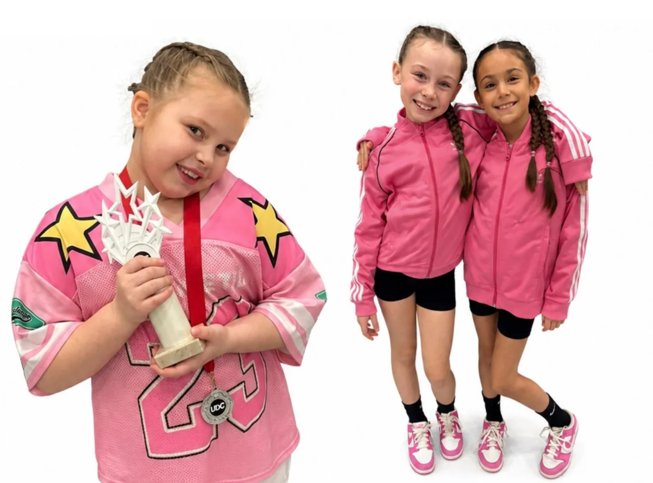 HK Dance Studios dancers in pink team kit with trophy